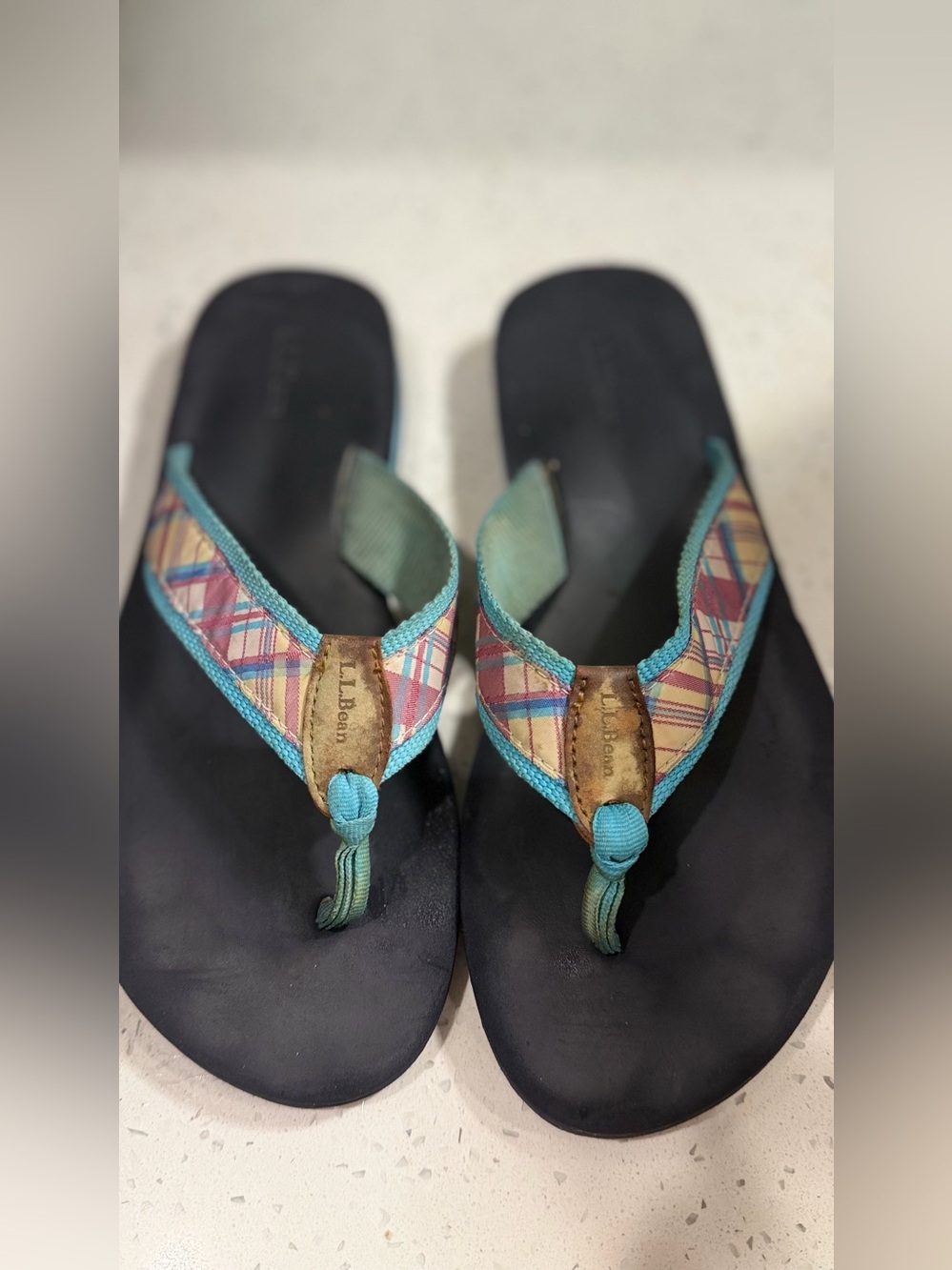 L.L. Bean Black Flip Sandals with Teal-Trim Plaid Straps